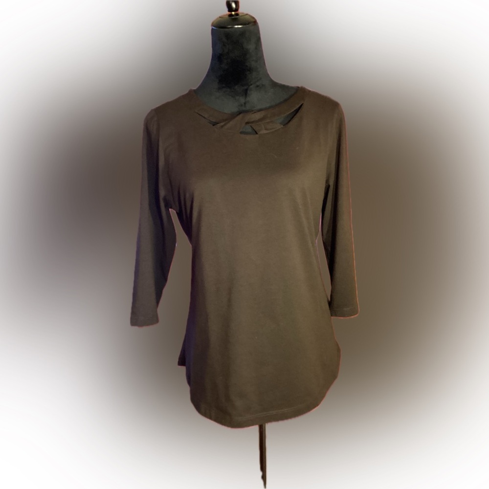 Karen Scott chocolate brown open cross collar top 3/4 sleeve soft feel, size M